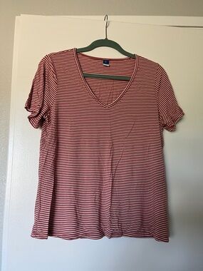 Old Navy Pink & White Striped V-Neck Tee